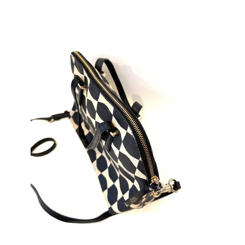 Kate Spade Bow Tile Maisie Satchel Handbag Top Zip Black Beige